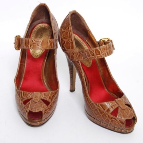 Roberto Cavalli Vintage Crocodile Embossed Leather Peep Toe Shoes - Picture 1 of 11